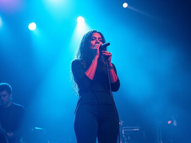 Cantora brasileira no palco em performance vibrante